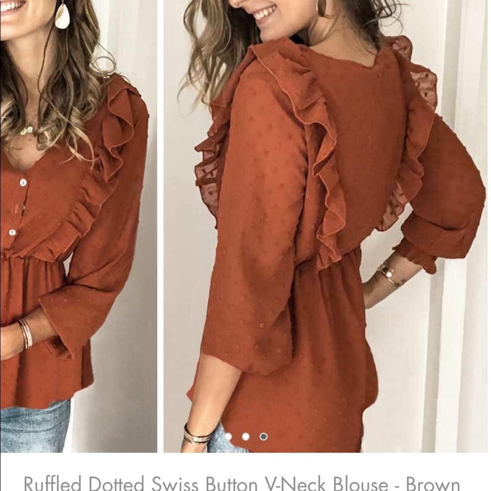 Ruffled dot Swiss button too large brown burnt orange top blouse